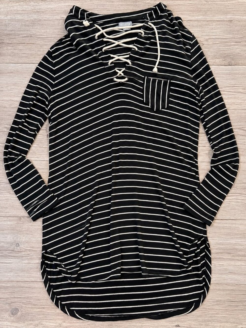Falls Creek Black White Striped Lace Up Sweater Dress Tunic Size M